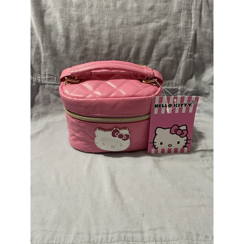 NEW Sanrio Hello Kitty Pink Makeup Box Quilt-Like Mini Purse w/ Chain & Lip Set - Picture 2 of 9
